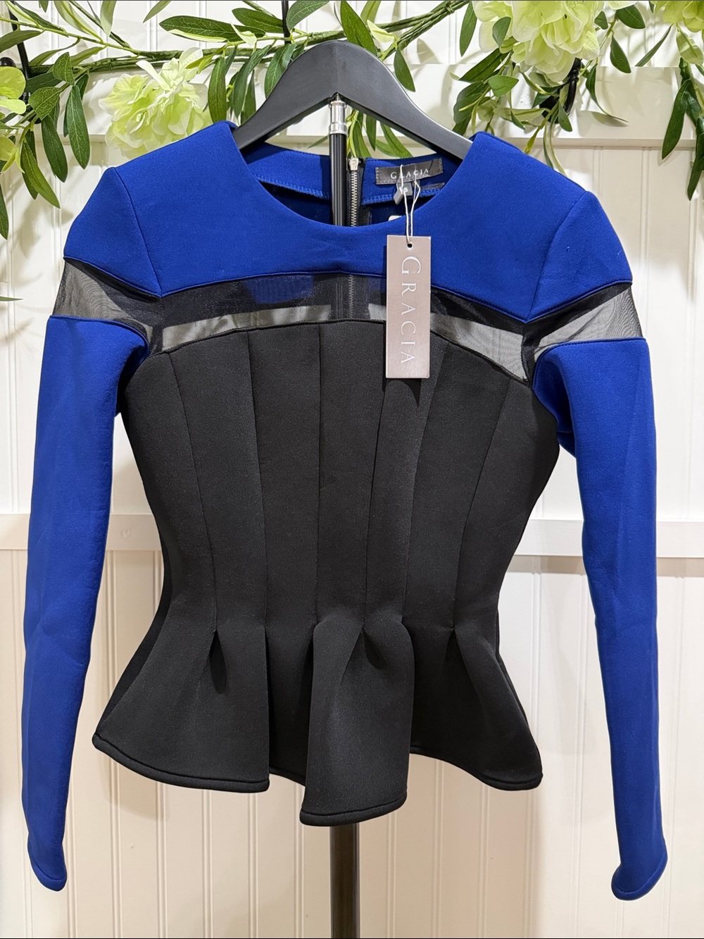 NWT! #1072 GRACIA Scuba Cobalt Blue & Black Peplum Ponte Blouse STATEMENT!